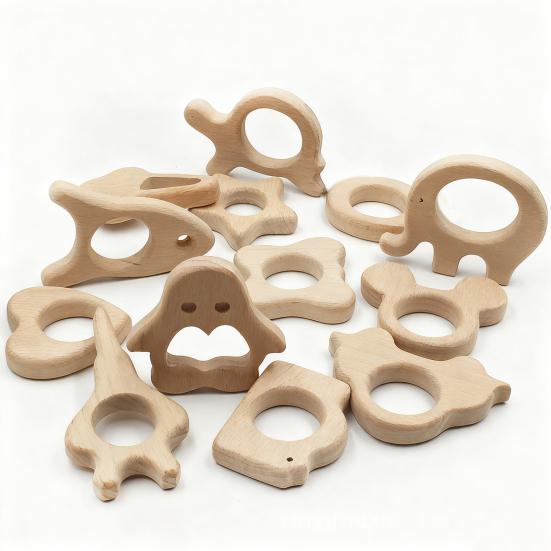 Деревянные детские прорезыватели Игрушки Натуральный бук Жевательные игрушки для младенцев Развивающие кольца для прорезывания зубов в форме животных