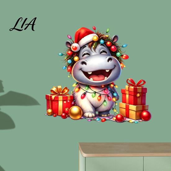 Indoor Outdoor Festive Ornaments Cartoon Hippo Christmas Wall Decal, Cute Sticker with Colorful Lights & Cheerful Animal Pattern Stickers Xmas Balls,