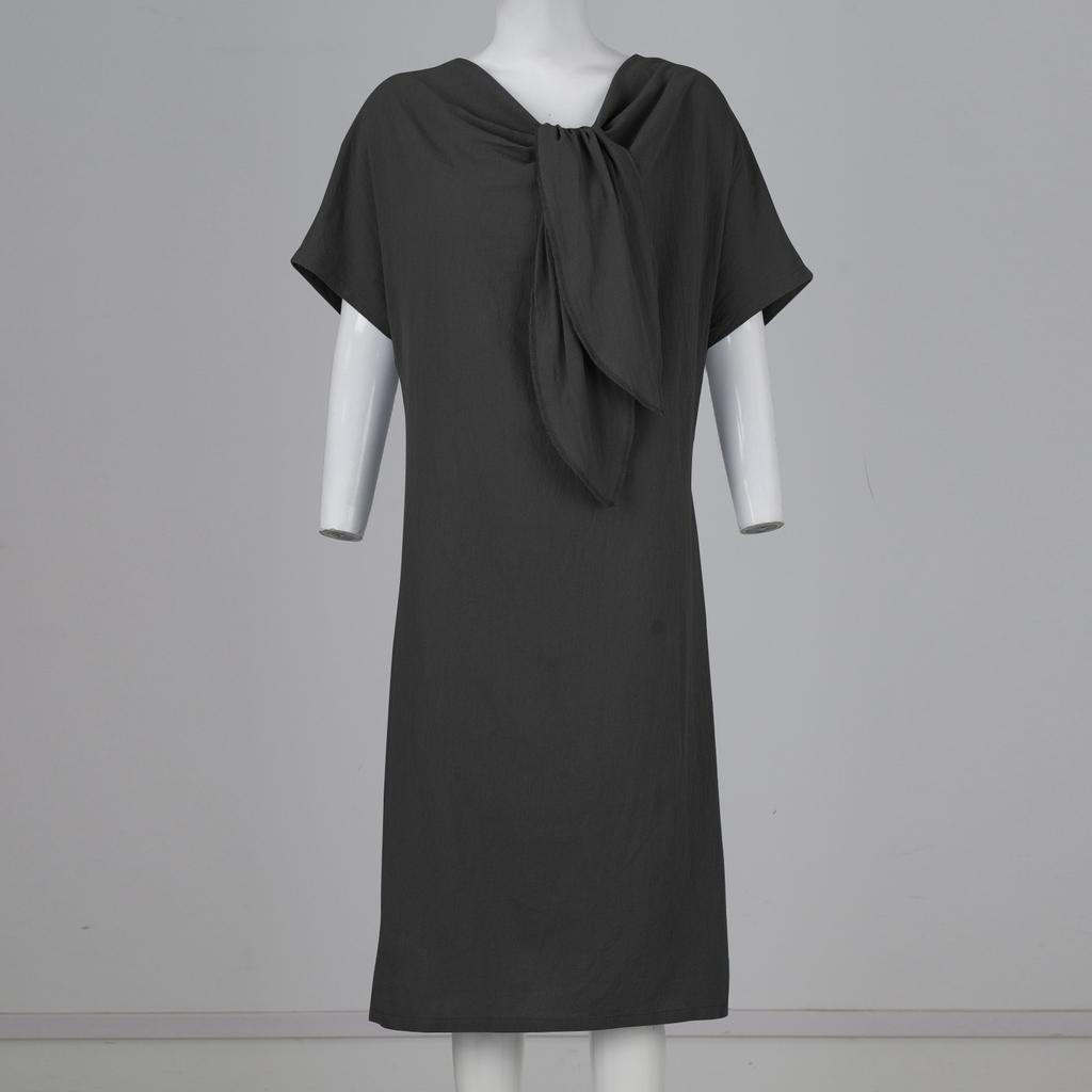 Fashion High Street Straight Loose Mid Dress Vintage O Neck Bow Tie Party Dresses Casual Office Lady Short Sleeved A-line Dress