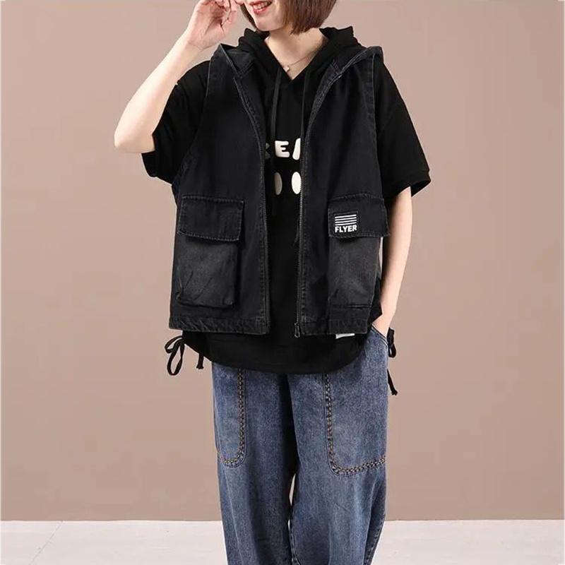 Повседневный джинсовый жилет с капюшоном для бойфренда, женские свободные джинсовые куртки без рукавов большого размера