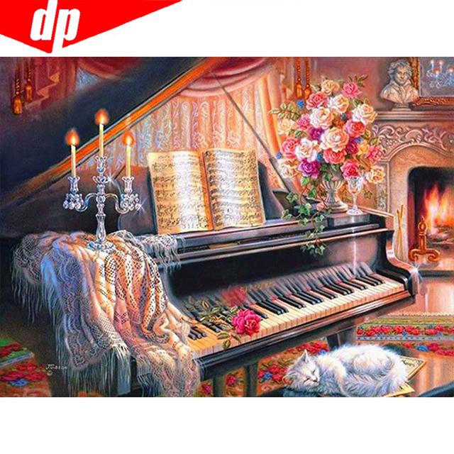DIY Алмазная мозаика Полный круглый дрель Фортепиано Алмазная картина Вышивка Продажа Горный хрусталь Изображение