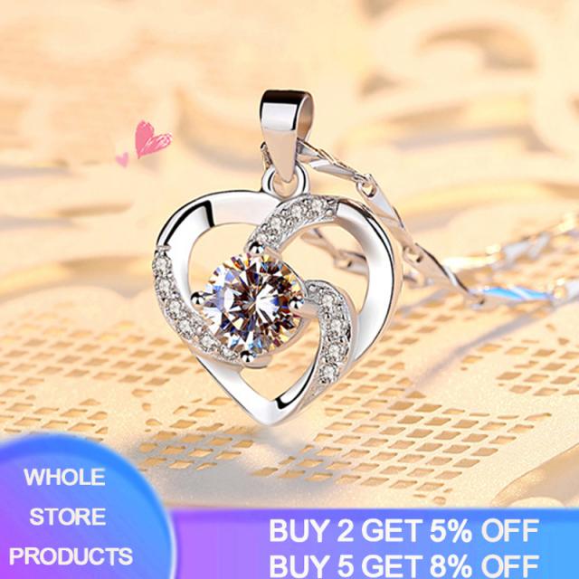 Original Solid 925 Silver Chain Choker Necklace Luxury Crystal CZ Love Heart Pendant Necklaces Women Party Jewelry Gifts