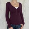 Women Slim Fit V Neck Long Sleeve Knit T Shirt With Buttons Y2k Style