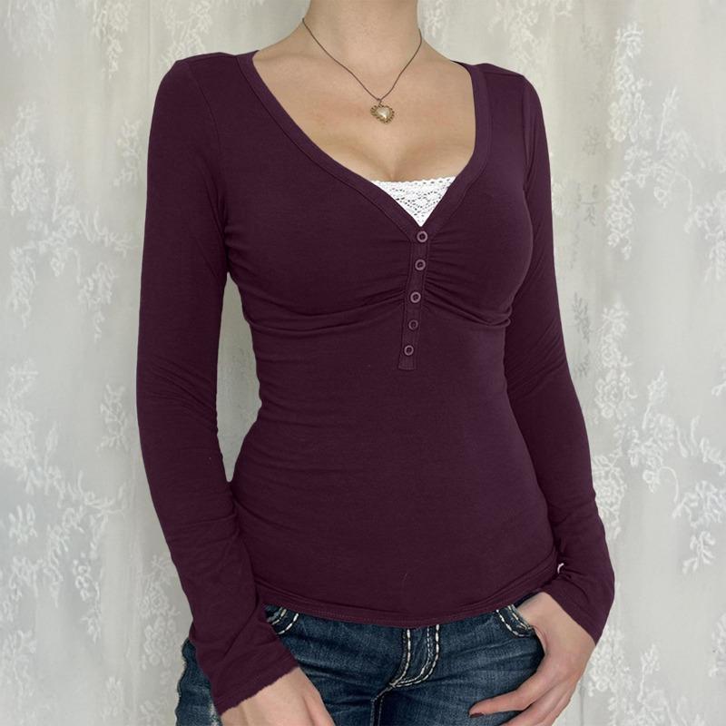 Women Slim Fit V Neck Long Sleeve Knit T Shirt With Buttons Y2k Style