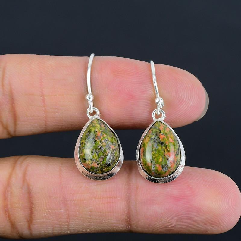 Натуральный Унакит Серьга-капля Серебро 925 пробы Ручной работы Легкая Серьга Ручной работы Подарок для лучшей девушки Подарок для нее День благодарения