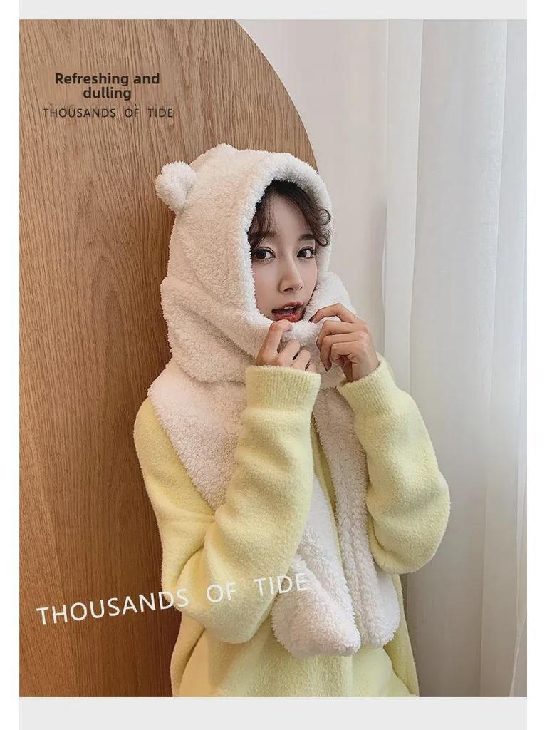 Комплект шапок и шарфа в стиле Дженни с медведем: Женский теплый плюшевый осенне-зимний галстук для студентов