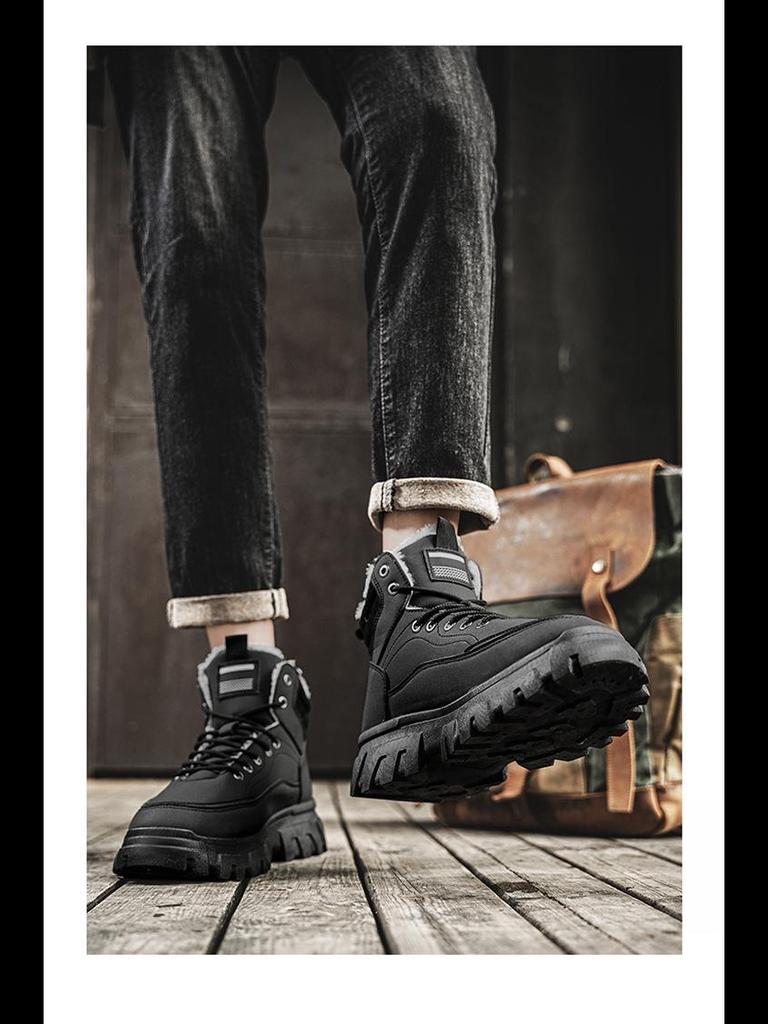 Men's High-Top Martin Boots - Velvet Winter Work Shoes, Retro Style with Thick Soles and Warm Cotton Lining.