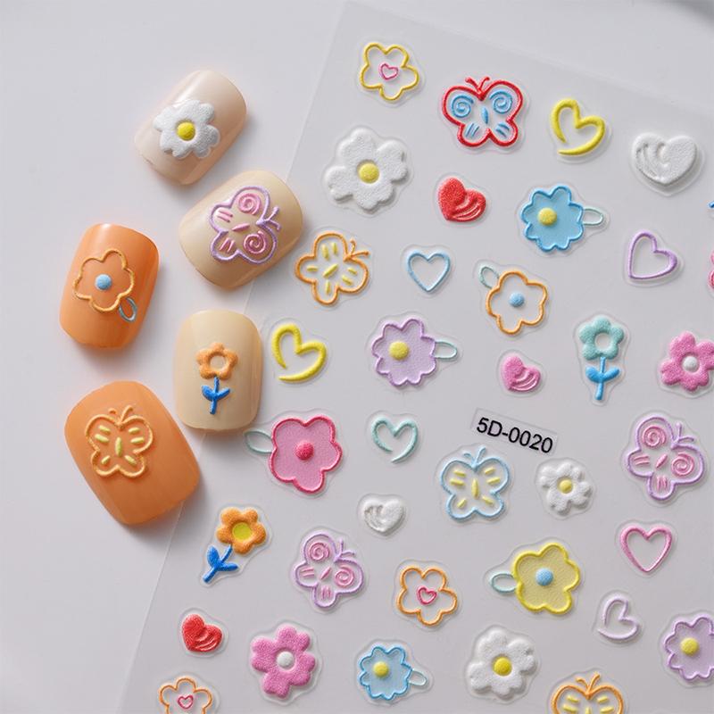 Dopamine Colored Relief Nail Stickers Cartoon Line Flower Pink Sweet Style Cute Nail Sticker Nail Art Diy Decoration