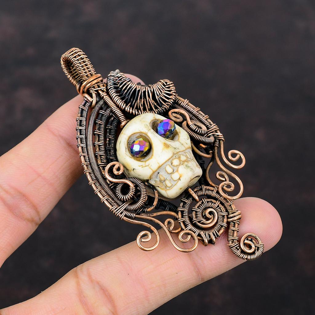 Подвеска из говлита, медная проволока, обернутая подвеска, череп, кость, кулон для лица, титановая бусина, глаза, ювелирные изделия, кулон с драгоценным камнем, ювелирные изделия из медной проволоки ручной работы