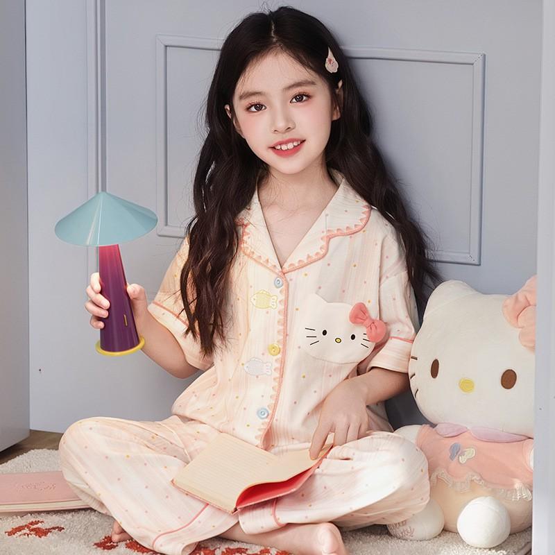 Girls Cartoon Cotton Pajama Set Short Sleeve Long Pants Sleepwear Kids 8 Years Comfortable Home Wear