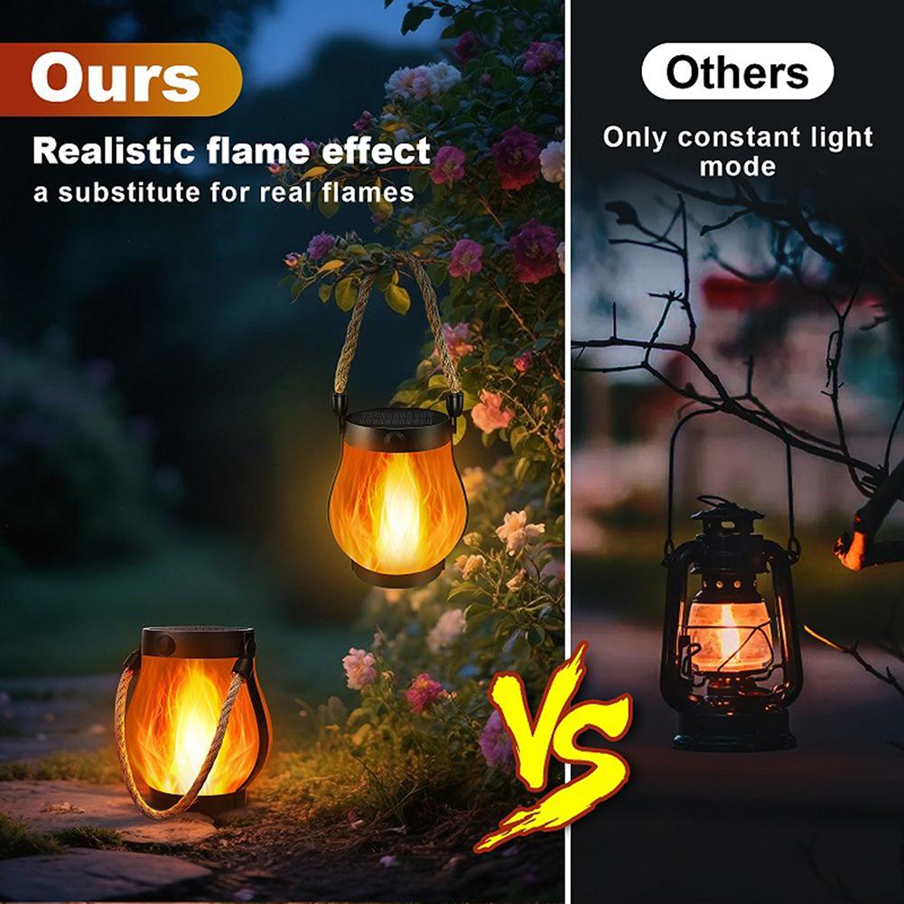 Solar Flame Light Rechargeable Hanging Courtyard Decoration Garden Lantern Lighting Lamp with Hemp Rope Outdoor Camp Decor Lamp