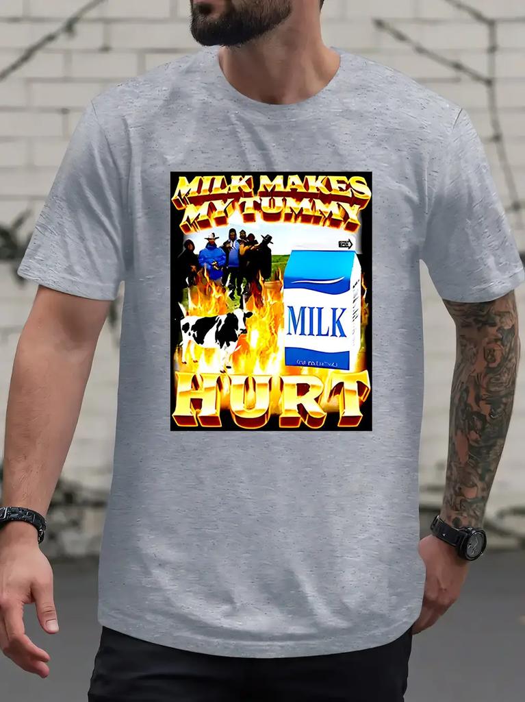 Round Neck Short Sleeve T-shirt Featuring a Milk Discomfort Print