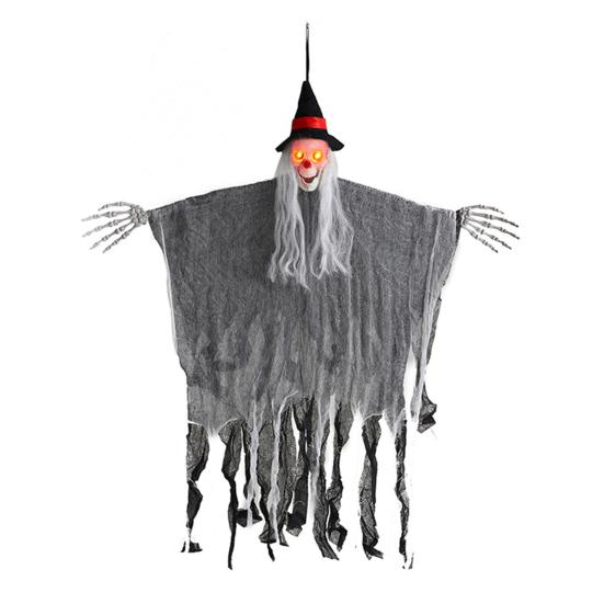 Yousheng Halloween Hanging Witch Decoration Sound Animated Flying Witch with Light-up Red Eyes for Indoor Outdoor Haunted House Decor