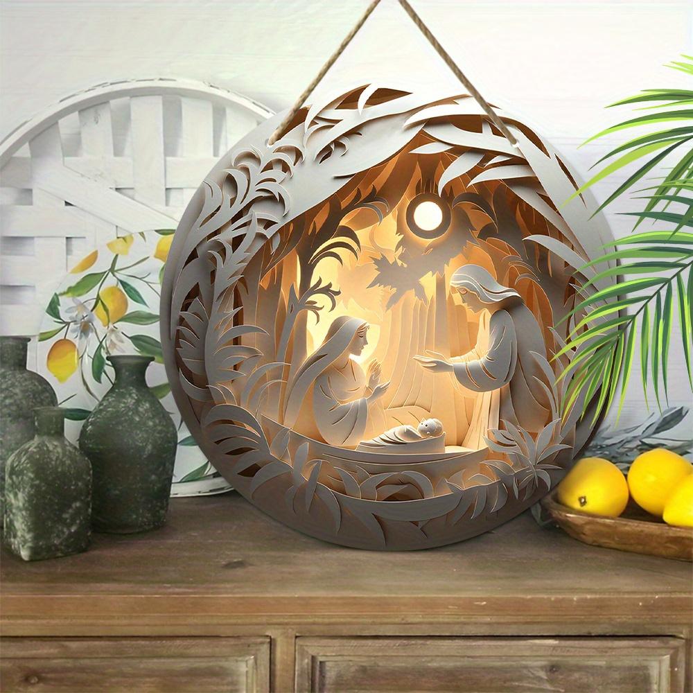 Wood 1pc 2D Nativity Baptism The Birth of Jesus Golden Sunshine Xmas Wood Porch Wreath Hanging Print Sign Painting Home Fence Decor for Door, Wall