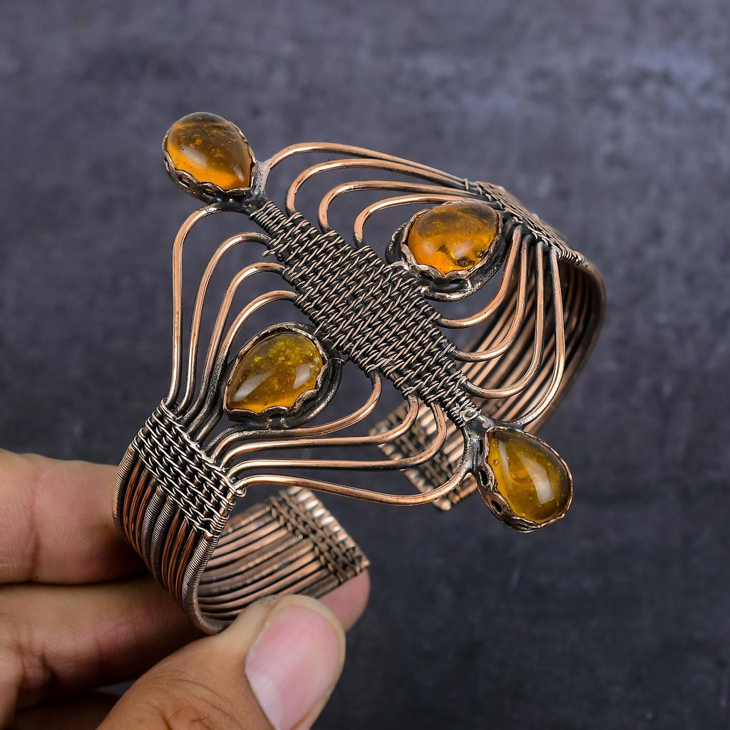 Citrine Gemstone Handmade Copper Wire Wrap Cuff Bangle Adjustable f3h60