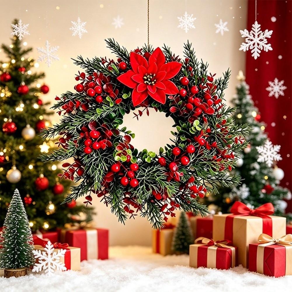 Red Berries Pine Poinsettia Christmas Wreath Realistic Christmas Door Wreath Fireplace Decor