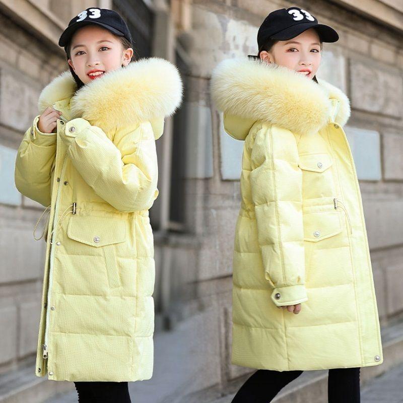 Толстая и теплая пуховая куртка для девочек, средней длины пальто для детей, зимнее пальто из пуха белой утки