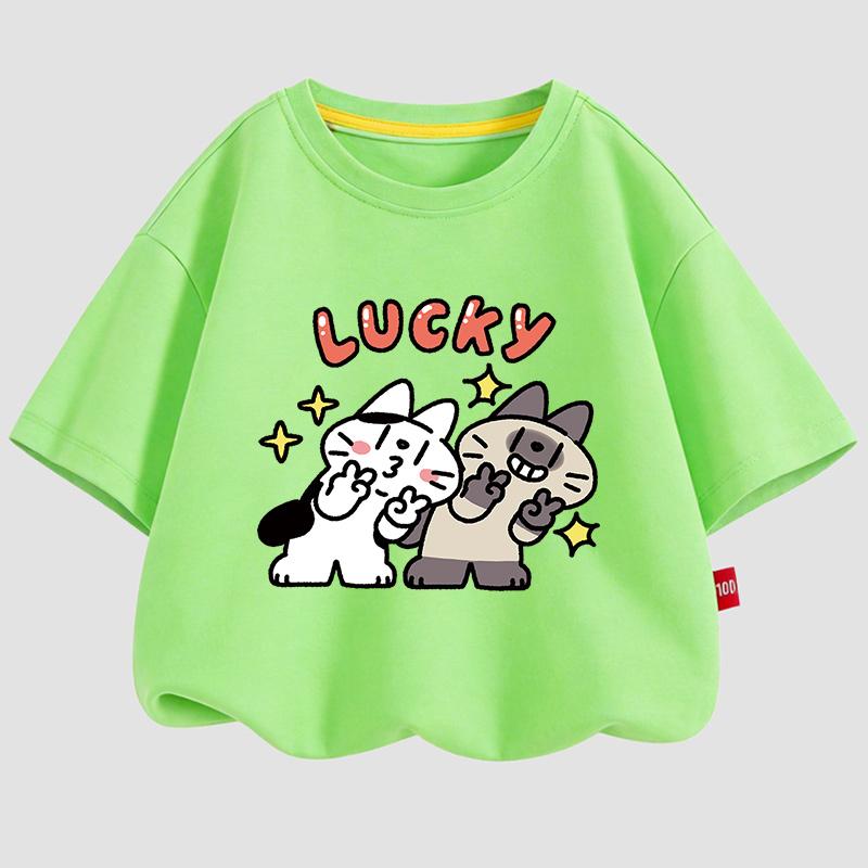 Lucky Cat Pattern Kids Short Sleeve TShirt 100 Cotton Fashion Daily Clothing Soft Children Tops for 310 Years Boys Girls