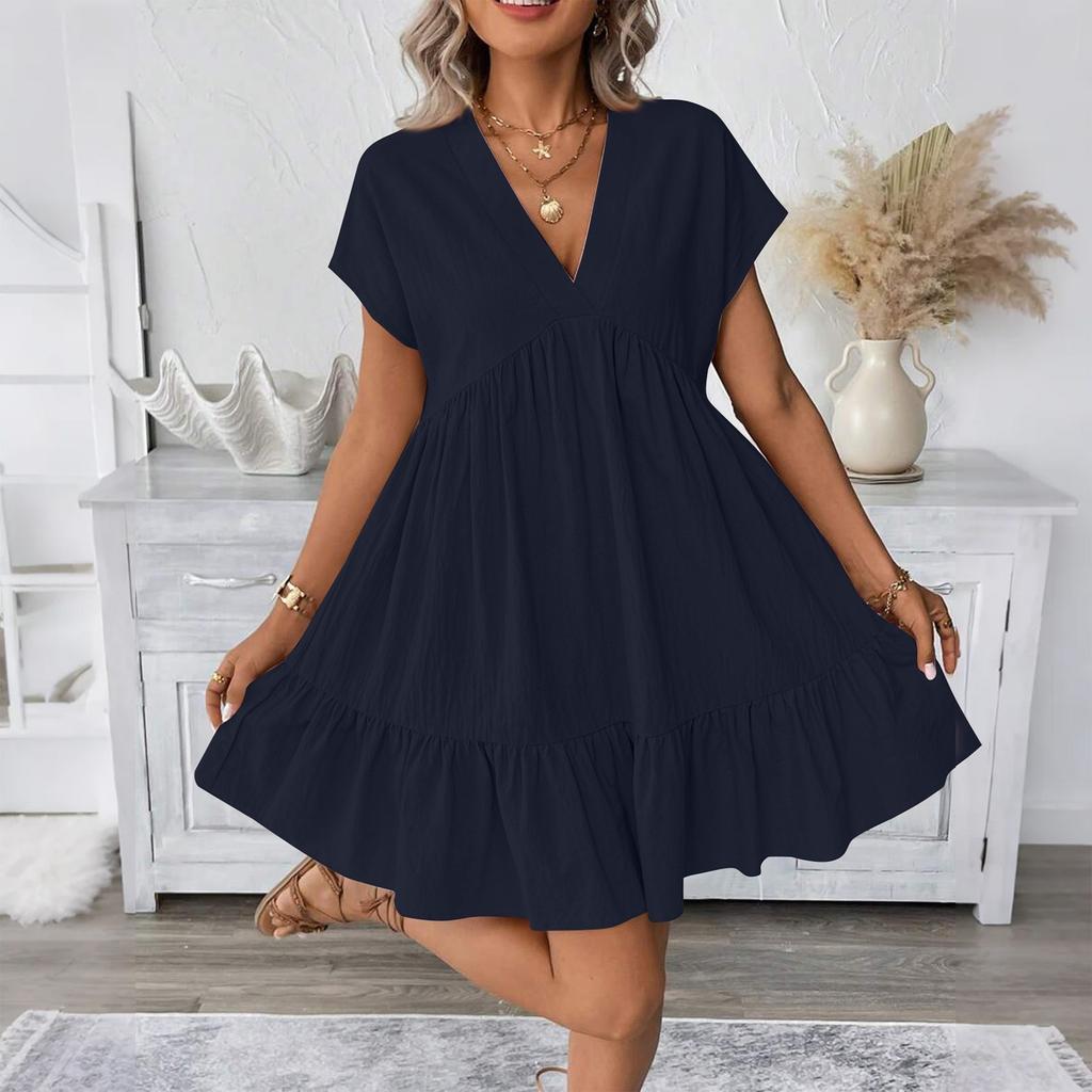 Women's Fashion Casual Slim Covered Sleeve V-Neck Pleated Ruffle Dresses