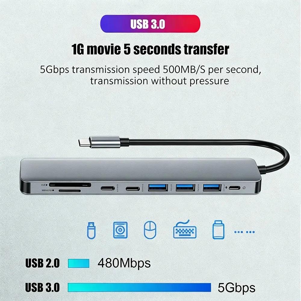 9-в-1 USB 3.0 Хаб USB C Док-станция SD TF Хабы Передача 5 Гбит/с TYPE-C на 4K HDMI Адаптер USB Разветвитель для Ноутбука