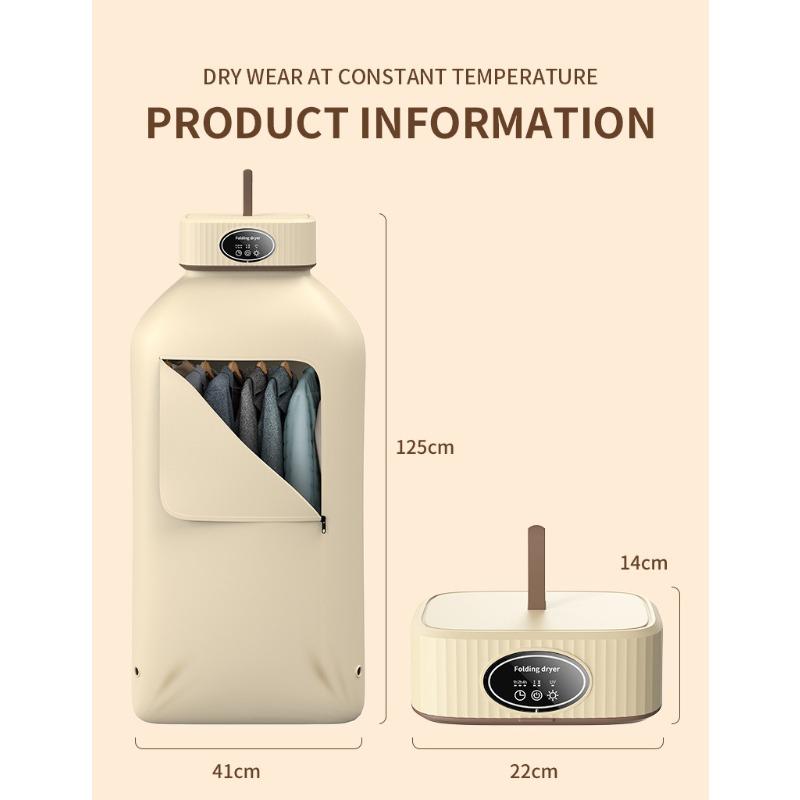 Portable electric clothes dryer featuring 360° hot air circulation, a timer function, and a foldable design.