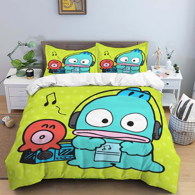 The virtual cartoon character HANGYODON themed three piece bedding set, including duvet covers and pillowcases, is the perfect