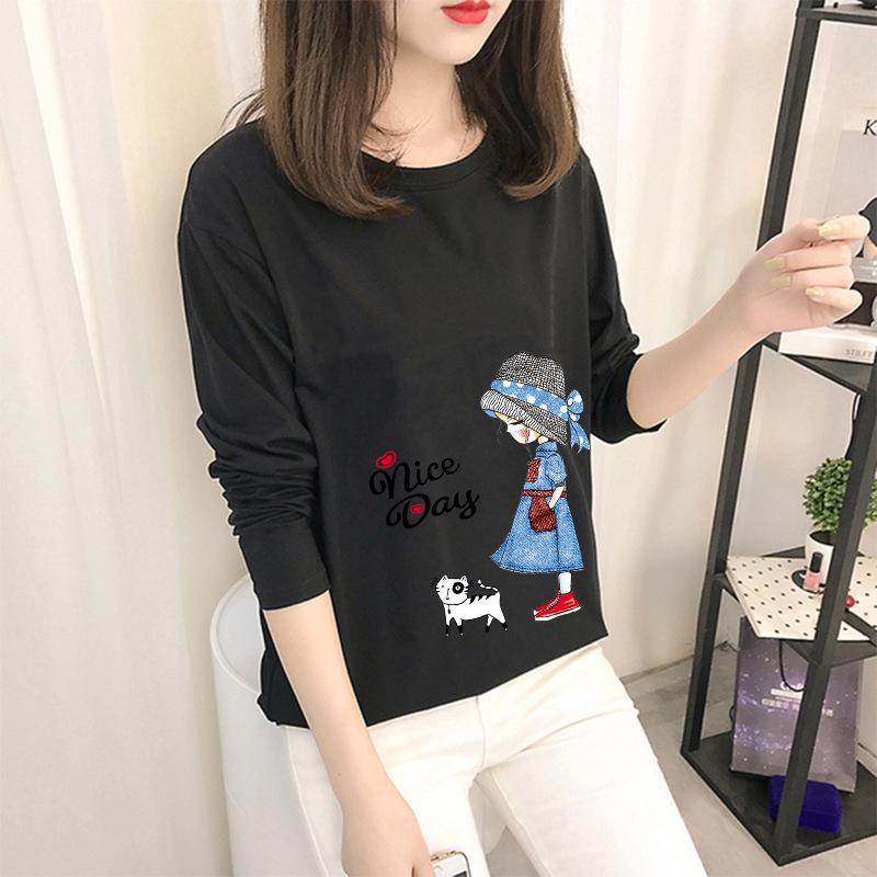 Осень 2023 г. Корейские топы с рисунком - женские футболки с длинными рукавами в однотонных цветах