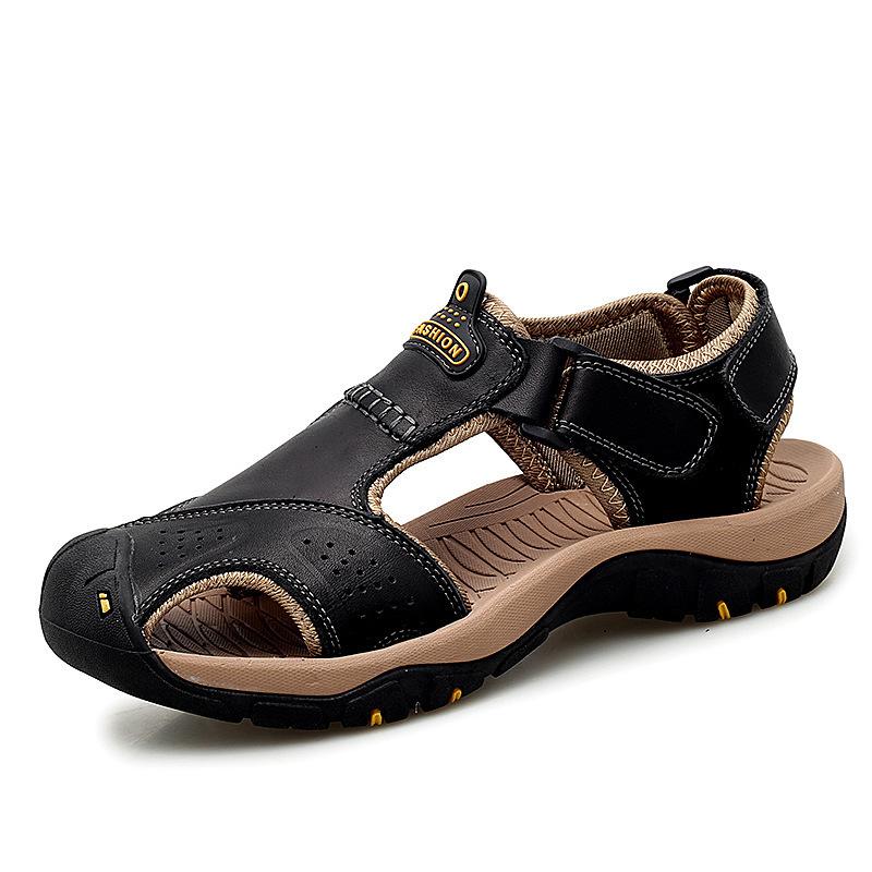 Spot Summer Men's Shoes Sandals Beach Shoes Foot Cover Leather Cowhide Surface Large Size Outdoor Leisure Anti-collision Bag Head