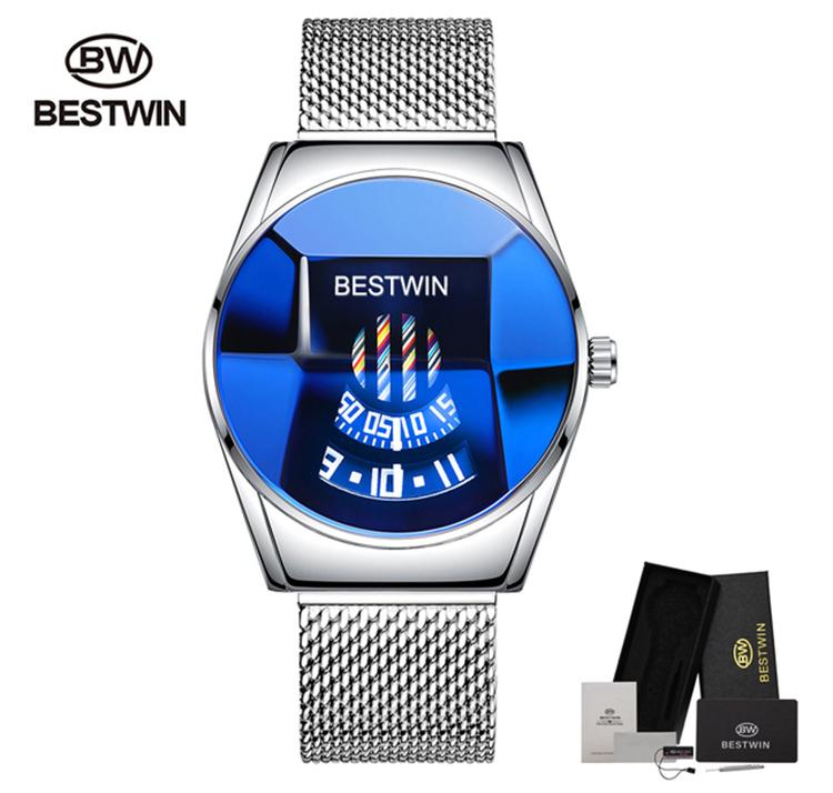 2021 Bestwin Sport Chronograph Wristwatch for Men Casual Gold Quartz Watch with Leather Band Cartoon Style