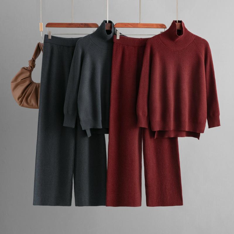 Womens 2 Piece Sweater Set Loose Turtlenck Knit Pullover Top Wide Leg Pants Lounge Matching Sets Fall Winter Travel Outfits Sweatsuit for Women