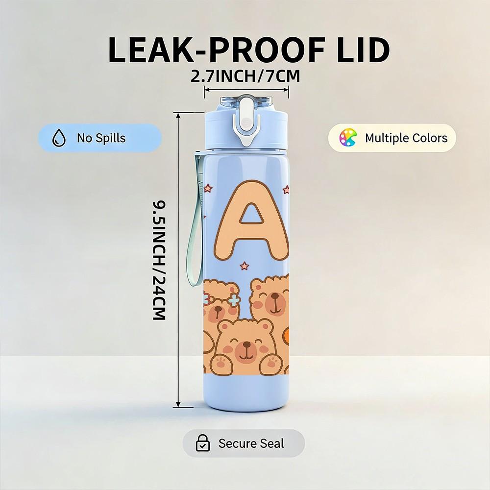 1PC Letter A Bear Couple Print 750ml Color Plastic Sports Water Bottle Leakproof Flip Straw Lid Suitable for Sports Office Home Use