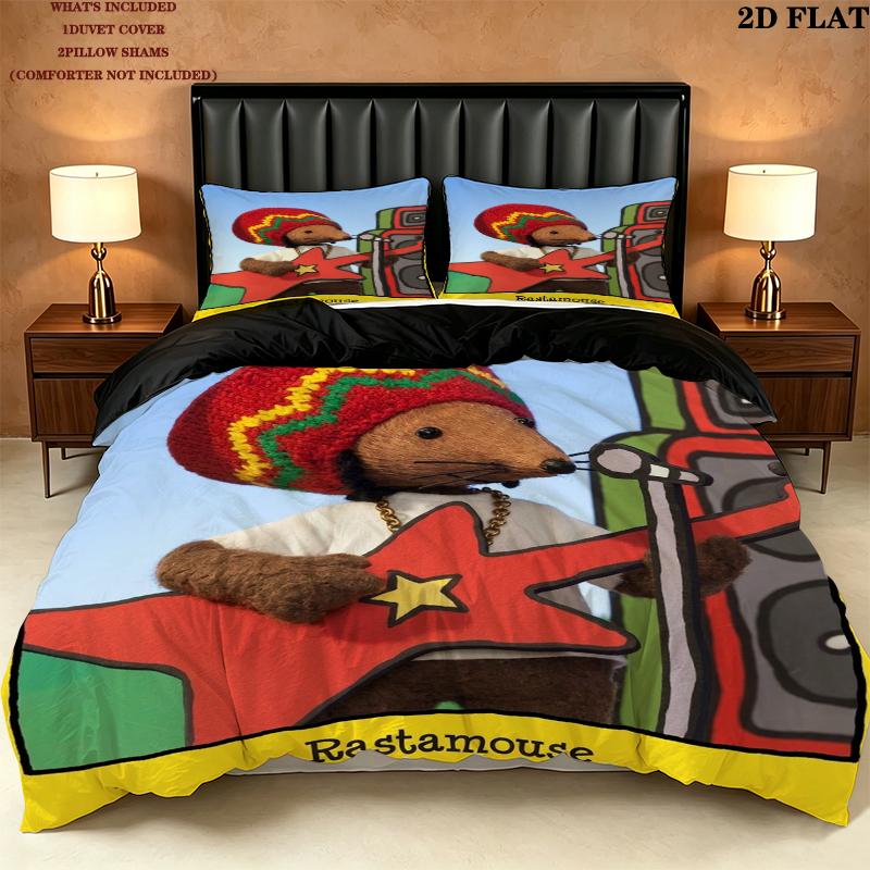 Rastamouse Da Easy Crew Pattern Bedding uilt Set uilt Cover Pillowcase Home Decoration Birthday Gift (1 * duvet cover + 2 * pillowcase without core)