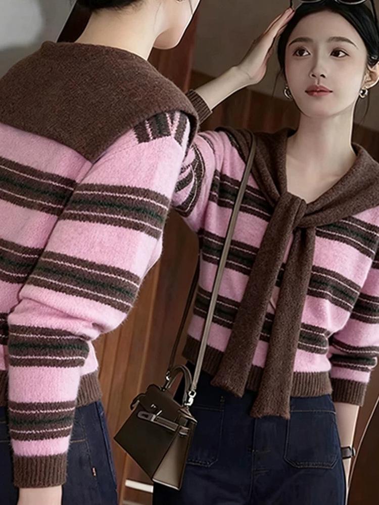 French Autumn/Winter Women's Wool Knit Color-Block Shawl & Striped Sweater Set