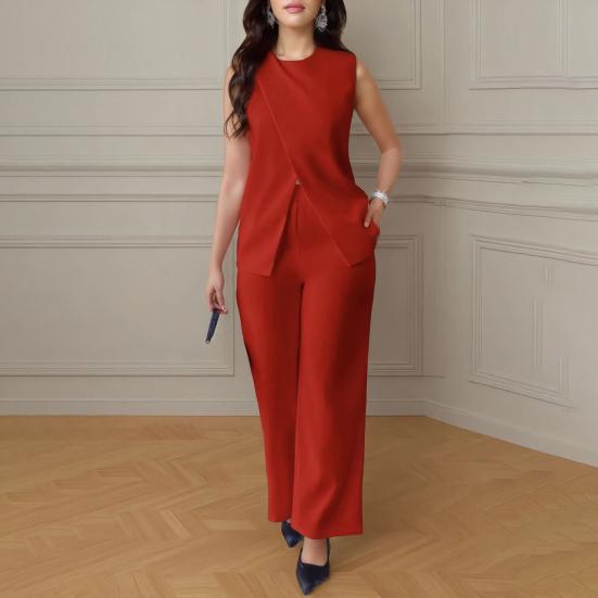 1 комплект женский топ-брюки костюм нарядный повседневный летний однотонный безрукавка рубашка с поясом широкие брюки комплект из двух частей домашний костюм