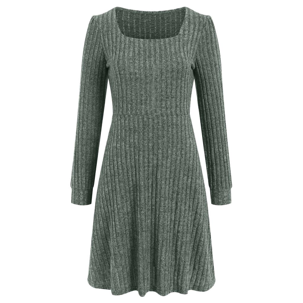 Женское трикотажное платье с длинными рукавами и карманами, квадратный вырез, облегающие платья, однотонное трикотажное элегантное платье для женщин