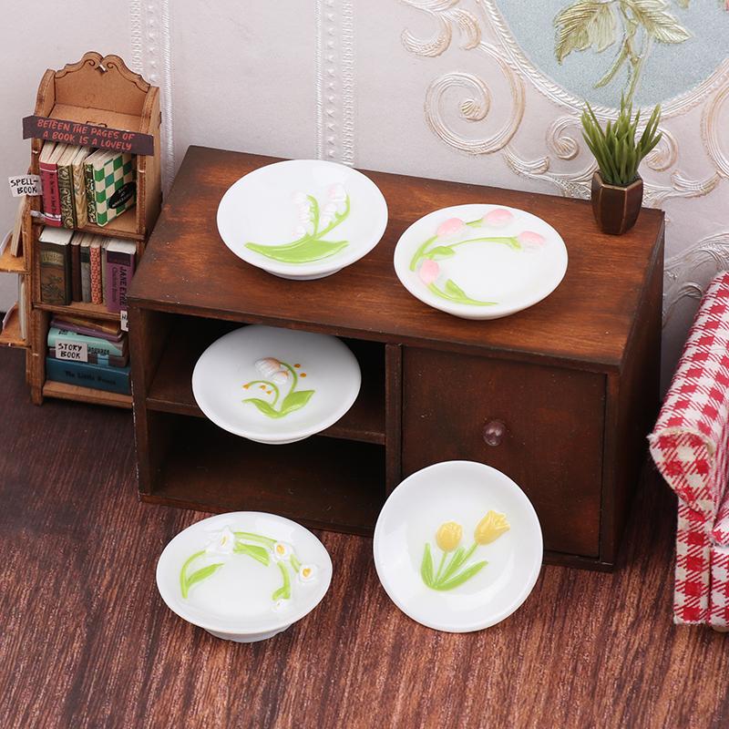 5 шт. 1:12 кукольных домиков, имитация миниатюрных тарелок с рельефным рисунком тюльпана, модель кукольного домика, украшение для кухни, аксессуары для кукольного дома