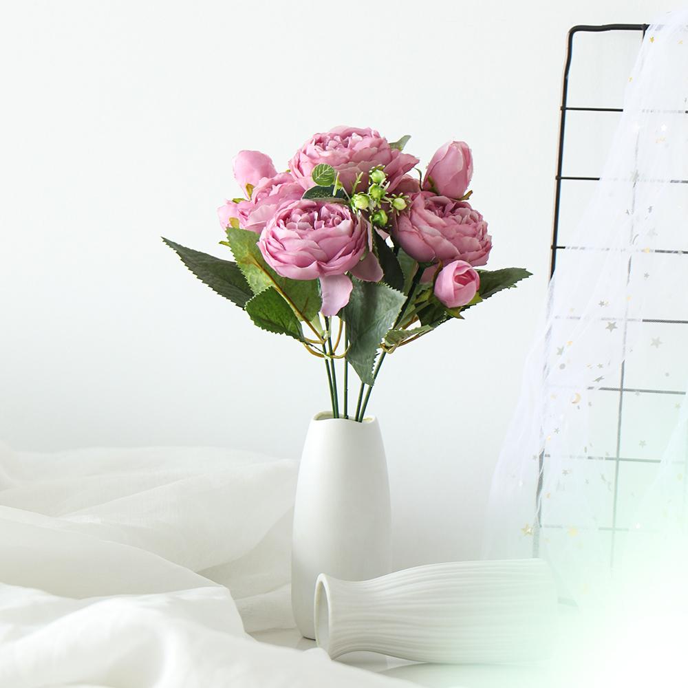 9 head Vase Vintage Home Ornament Artificial Flowers Party Decoration Silk Peony Rose bouquet