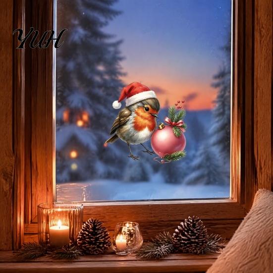 Creative Christmas Gift Ideas Bird Window Cling, Static Sticker with Santa Hat And Bauble, Waterproof PVC Glass Decals UV-Resistant Decal for