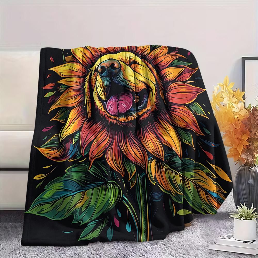 Sunflower Dog Print Flannel Blanket, High quality Comfortable for All Seasons, Home Decor, Warmth and Comfort, Perfect for Christmas Gifts