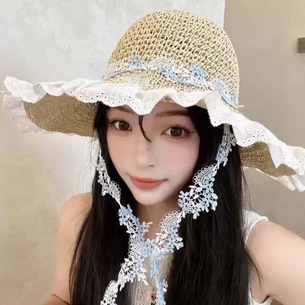 Breathable Vacation Beach Cap with Garland Woven Sun Cap Big Brimmed Straw Hat Masquerade