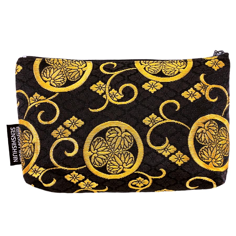 Senshishuin Nishijin Brocade Pouch with Black Hollyhock Crest (Lined) (Small)