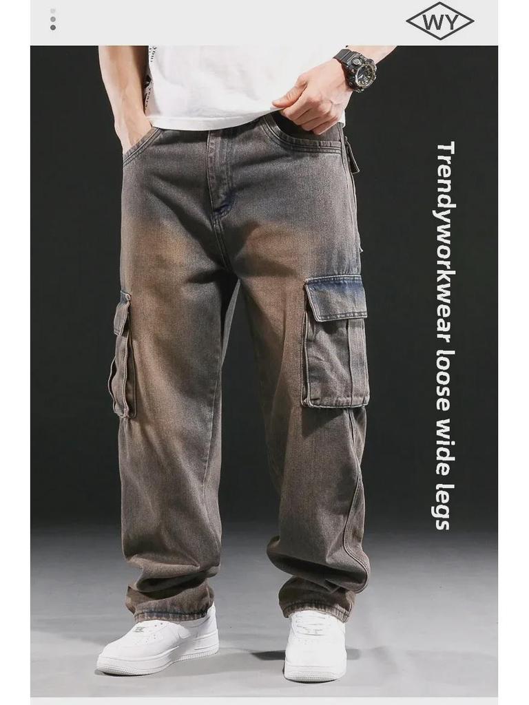 Мужские джинсы американского стиля с широкими штанинами и множеством карманов, свободные рабочие джинсы, большой размер