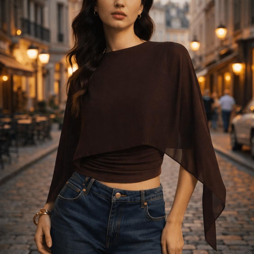 Ruched Waist Cape Sleeve Top Round Neck False Two-Piece Tops Batwing Sleeve Top Summer Wear