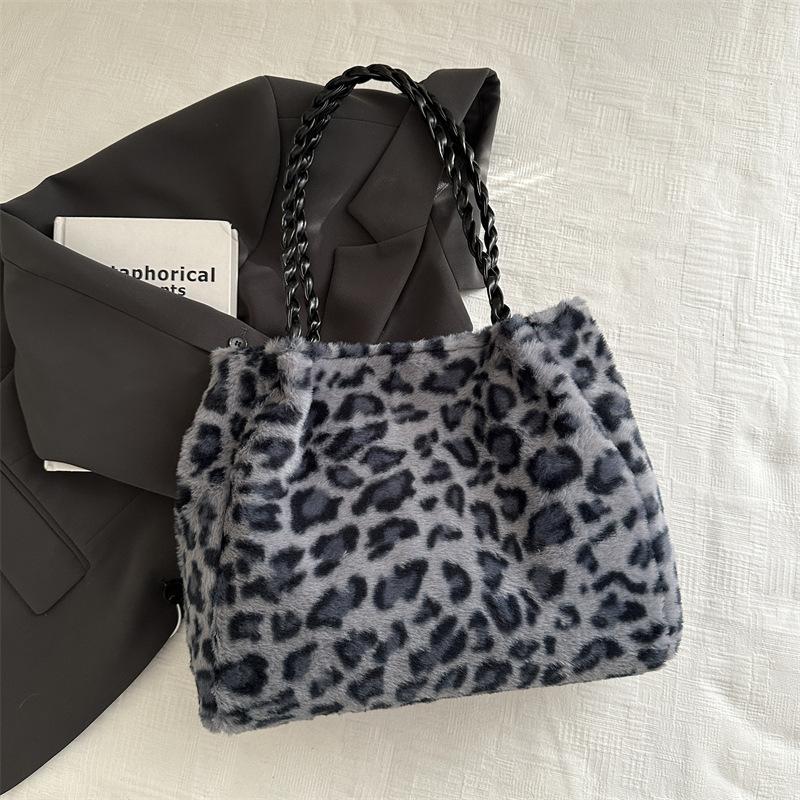 Зимняя плюшевая сумка-тоут с леопардовым принтом, женская модная сумка через плечо с цепочкой, универсальная пушистая сумка-мессенджер
