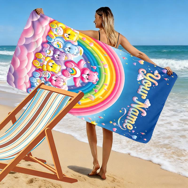 Name Custom Cartoon Care bears Print Beach Towel, Large Soft Quick Dry Towel for Beach Camping Swimming