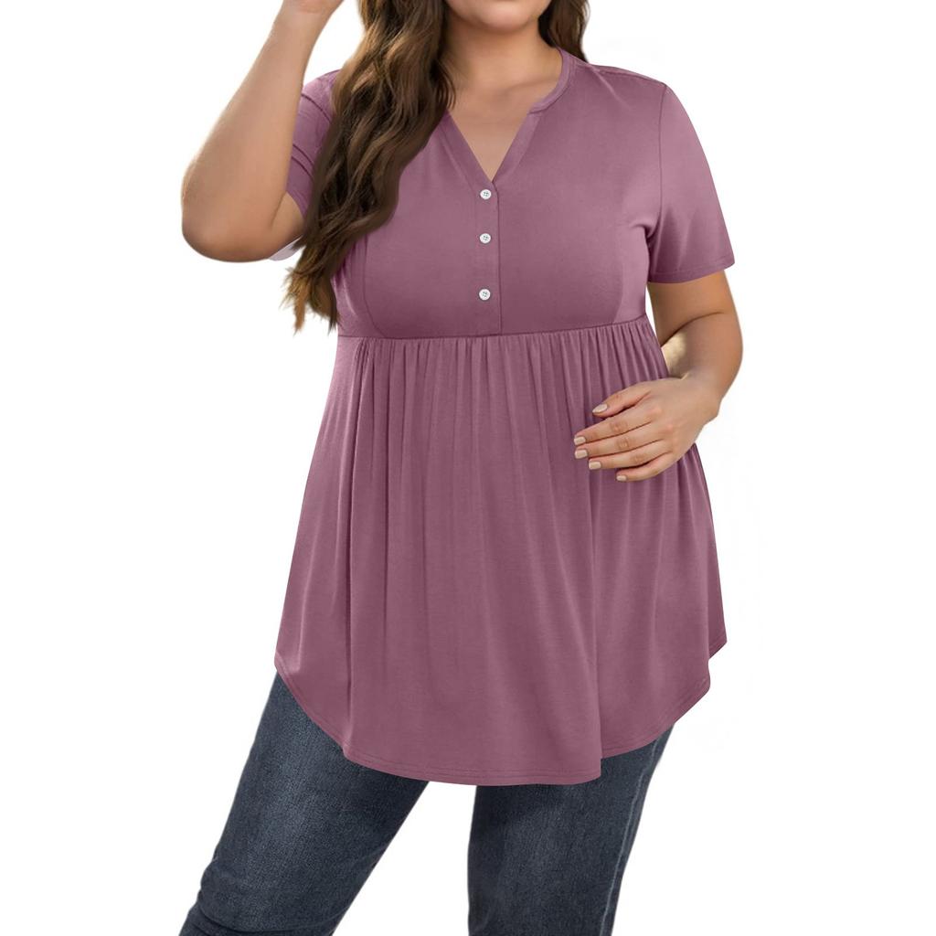 Women's Solid Color Large Size V Neck Button-Up Top Casual Short Sleeve Flowy Top