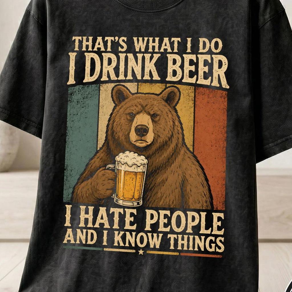 Drink Beer and Hate People T-Shirt and kids tshirt, Funny Bear Introvert Tee Gift For Men, Sarcastic Retro Style Graphic Outdoors Apparel