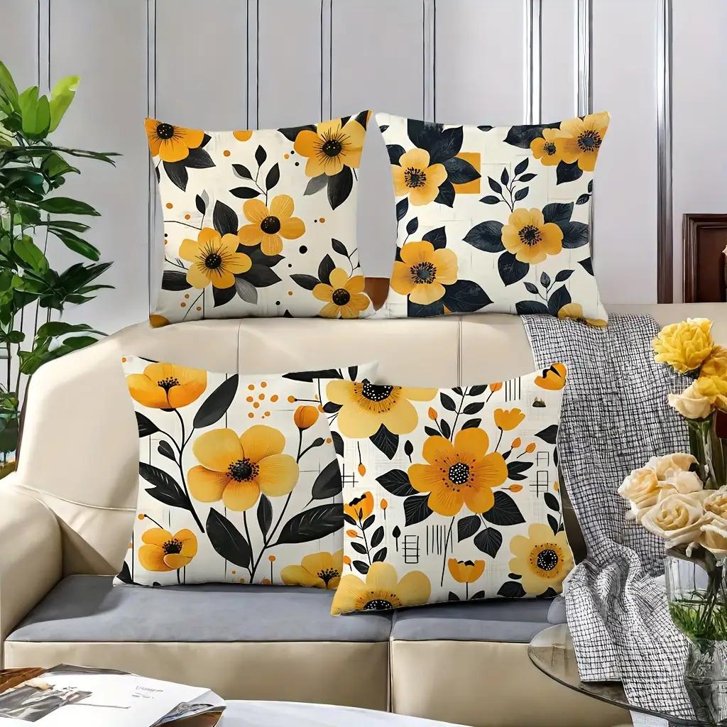 Modern Yellow Black Floral Pillow Covers, Minimalist Flower Art Throw Pillow Cases, Contemporary Home Decor Cushion Covers