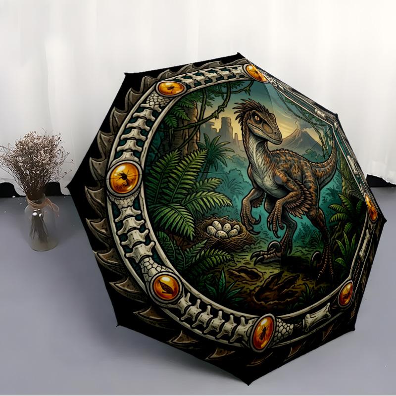 Prehistoric Dinosaur Emblem pattern umbrella, portable and foldable design, 8 ribs, a casual accessory for Halloween, Christmas, and birthday gifts.