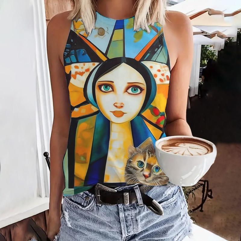 Summer Funny Face Cat 3D Print Tank Tops Women Fashion Streetwear Oversized O-Neck Oest Off Shoulder Sleeveless Woman Camisole